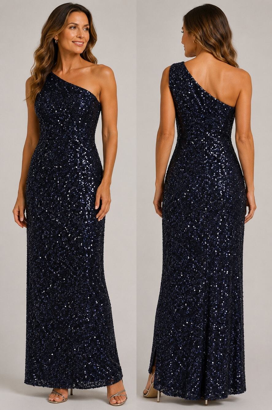 Theia One Shoulder Navy Sequin Gown Sz 4 Sonja Morgan RHONY Celebrity Provenance
